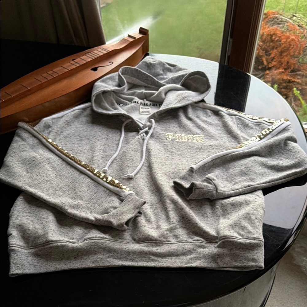 PINK Gold & Roses Sequin Heather Gray Hoodie with Gold Sequin Stripe - Picture 5 of 10